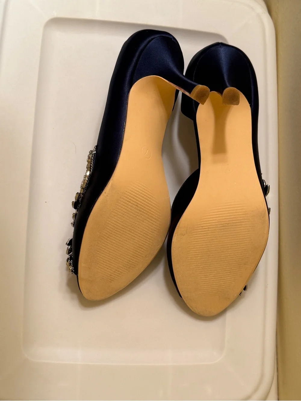 Sz 7 Sapphire Blue Satin Peep-Toe Heel with Crystal Leaf Embellishment